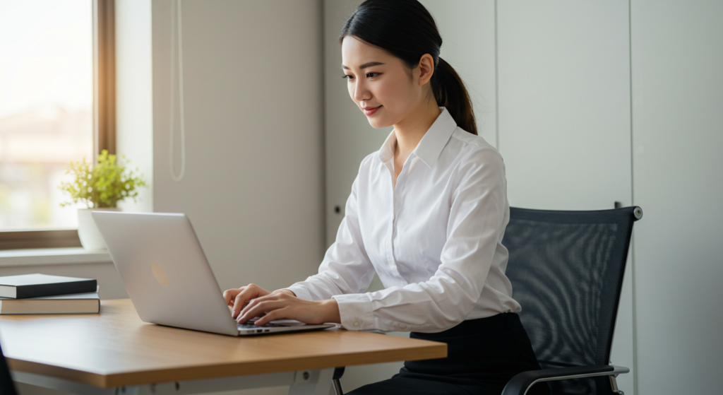 Une jeune femme asiatique consultante SEO travaille sur son ordinateur portable assise au bureau