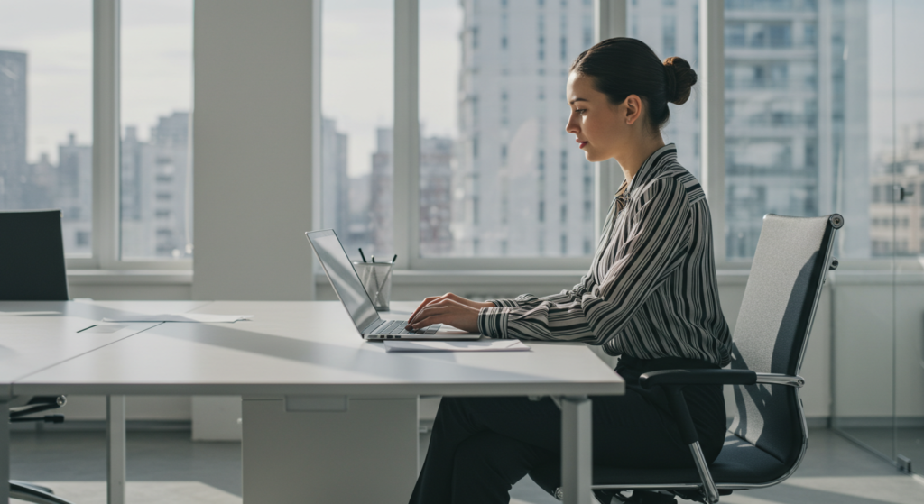 Une jeune femme consultante SEO travaille sur son ordinateur portable assise au bureau