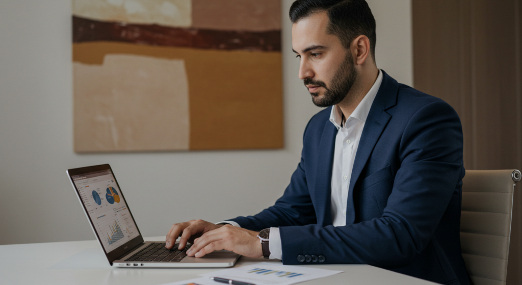 Un jeune homme consultant SEO avec une costume bleu marine travaille sur son ordinateur portable assis au bureau