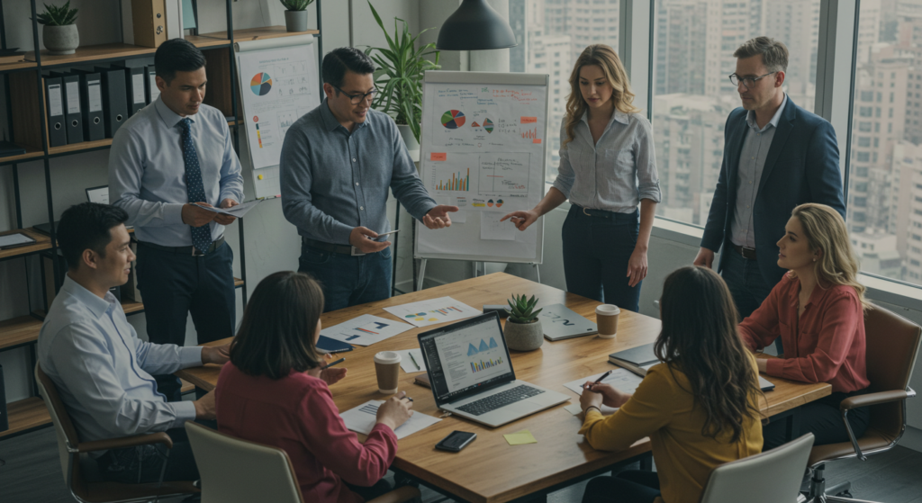 Consultants SEO d'une agence en réunion autour d'une table avec des clients