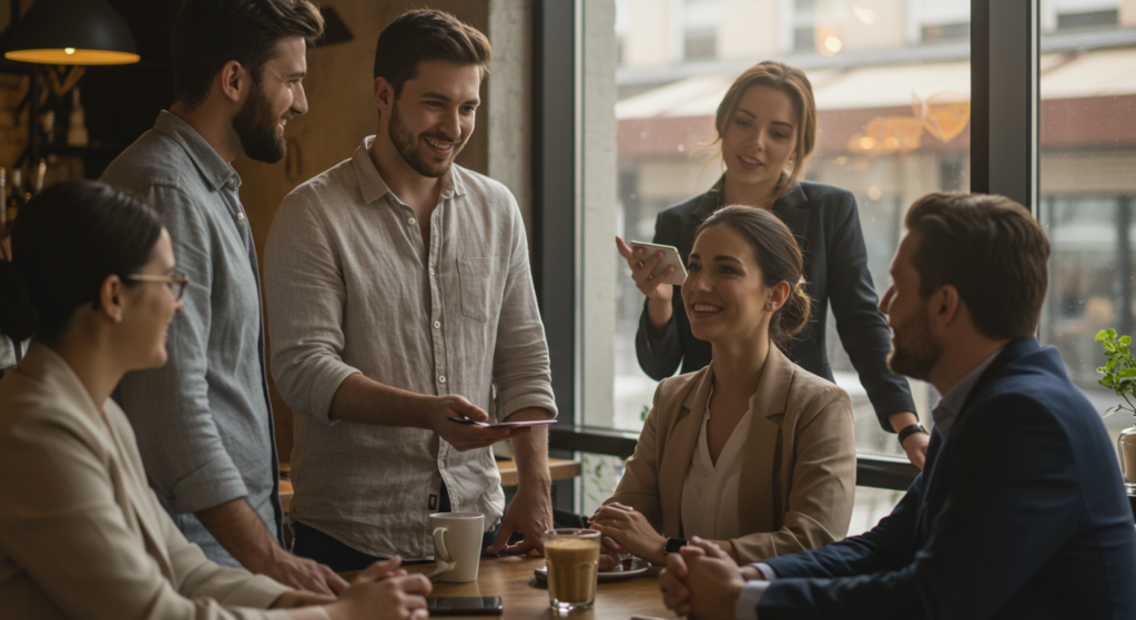 Consultants SEO d'une agence souriants en réunion autour d'une table avec des clients